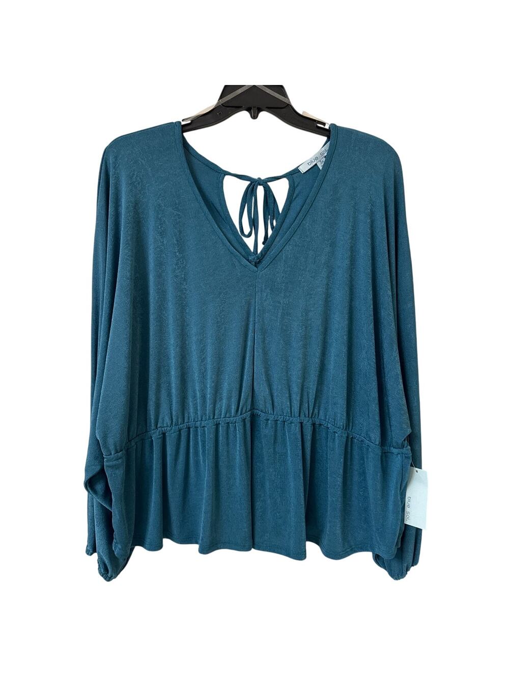 NWT Blue Sol 3X Blouse Slinky Teal Blue Gathered Waist Tie Neck Slight Scoop Hem